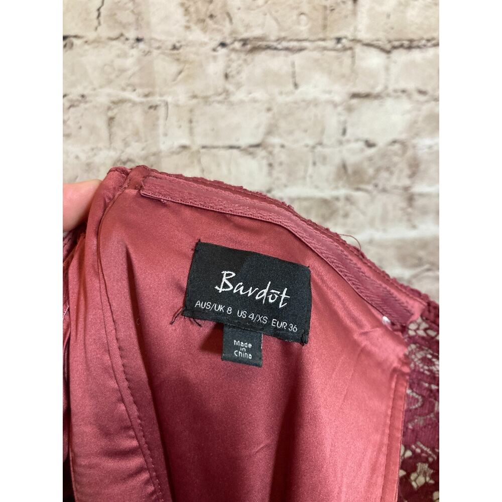 Bardot Lace Dress Womens XS Dark Mauve Midi‎ Bell Sleeve Romantic Off Shoulder - Picture 12 of 14